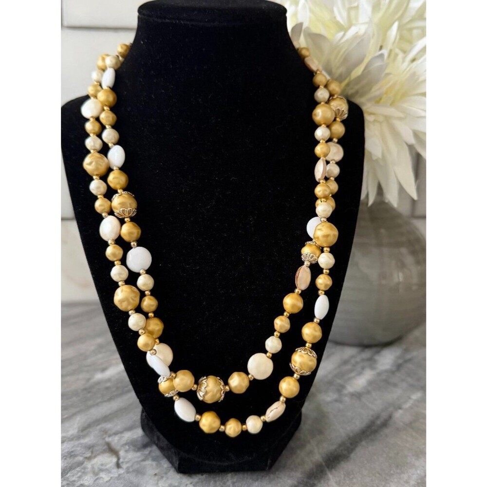 Vintage 50s Japan Double Strand Faux Baroque Pearl Necklace Gold Cream 44"